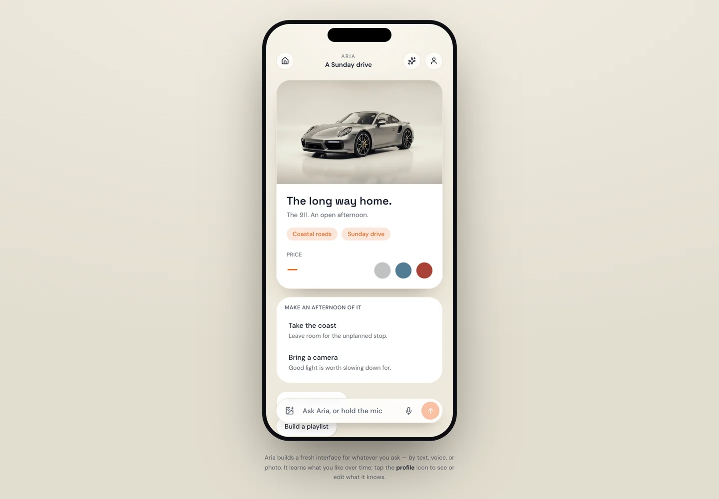 Aria composing a visual Sunday drive response with a car illustration and interactive cards
