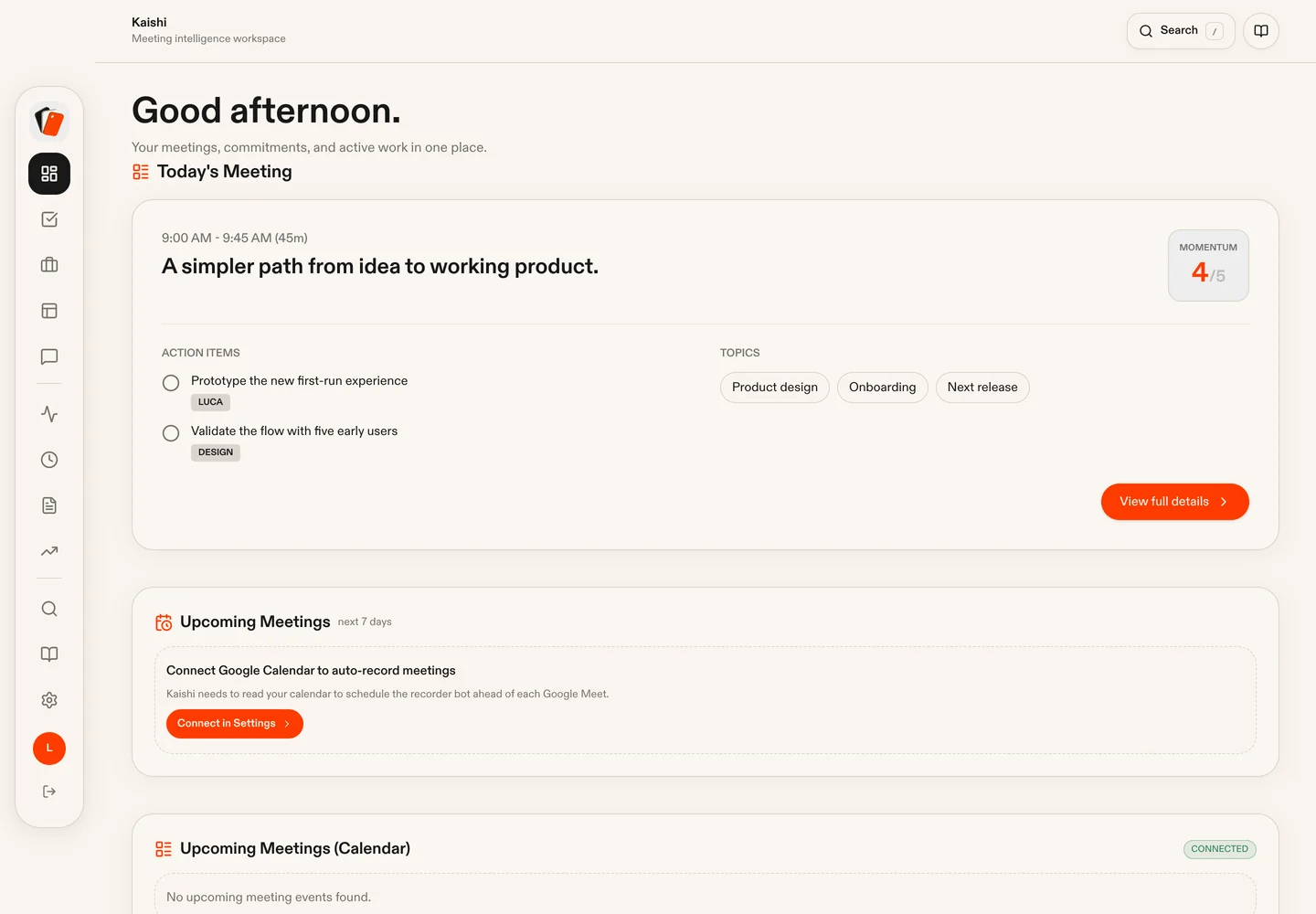 Kaishi meeting summary, action items, and topics from a sample product review